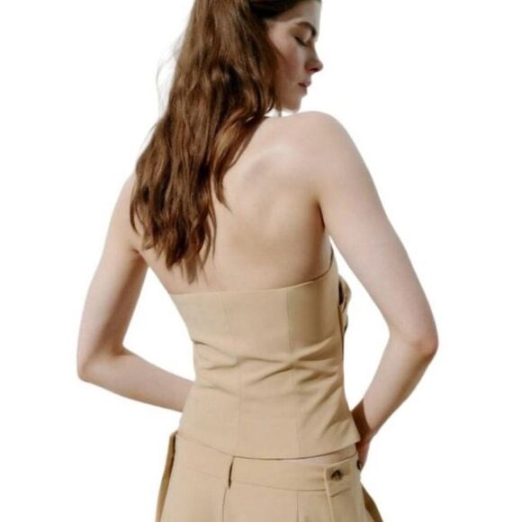 Zara Straight Neck Side Pleated Sleeveless Top Tan XL NWT - Picture 6 of 9